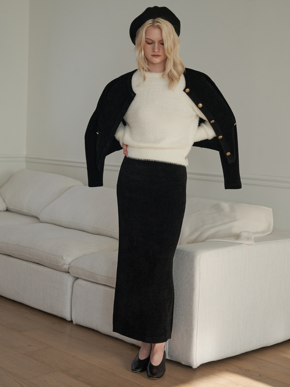Velvet Long Knit Skirt (Black)